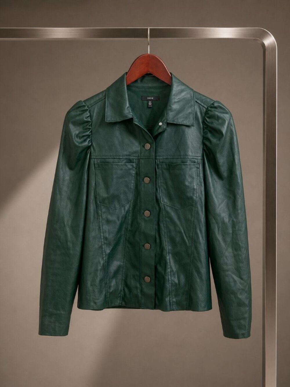 Drew Vegan Leather Puff Sleeve Trucker Jacket Forest Green Made in USA XS